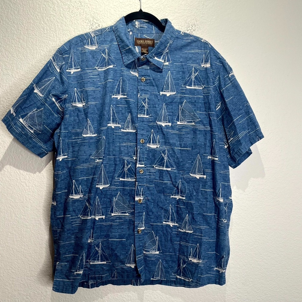 Cooke Street Hawaiian Shirt Men XL Blue White Space Dye Sailboat Print Button Up